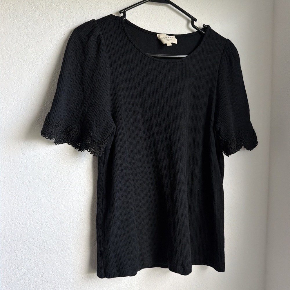Sezane Clea T-Shirt Lace Detail Pointelle Top In Black Sz XXL